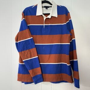 Lands End Shirt Mens Large Rugby Polo Striped Blue Rust Elbow Pads Preppy Y2K